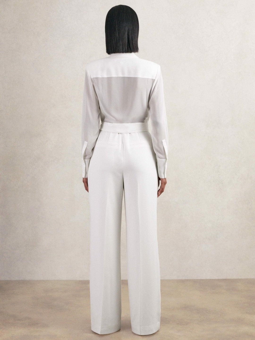 Women Sheer-Sleeve Wide-Leg Tuxedo Jumpsuit in Ivory