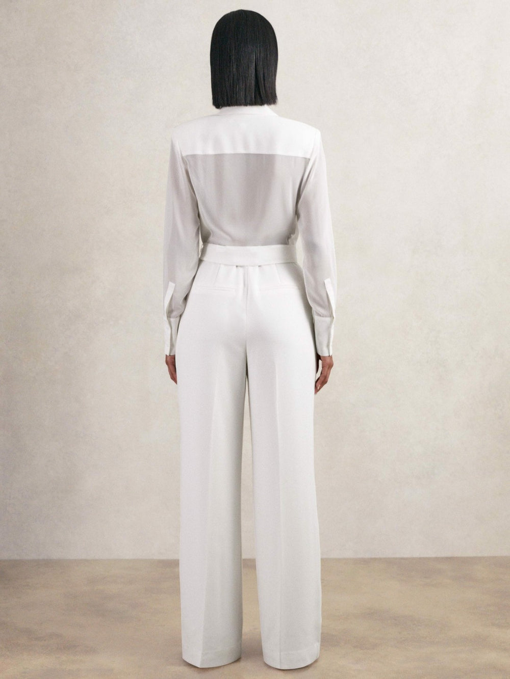 Women Sheer-Sleeve Wide-Leg Tuxedo Jumpsuit in Ivory