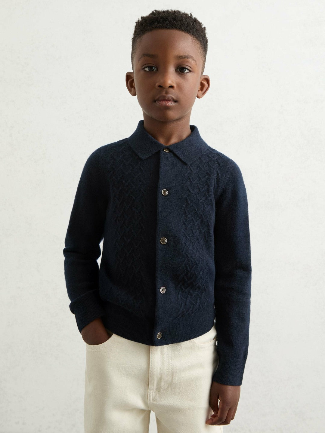 Children & Baby 13-14 yrs Wool V-Stitch Button-Through Cardigan in Navy Blue