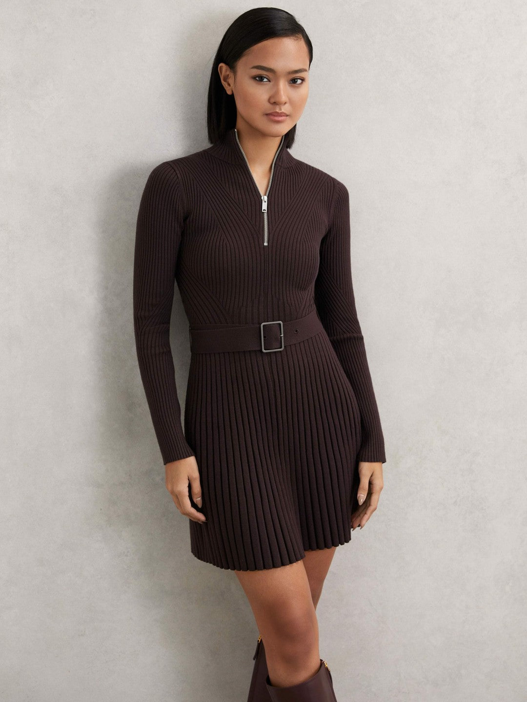Women Rib-Knit Belted Half-Zip Flippy Dress in Plum Purple