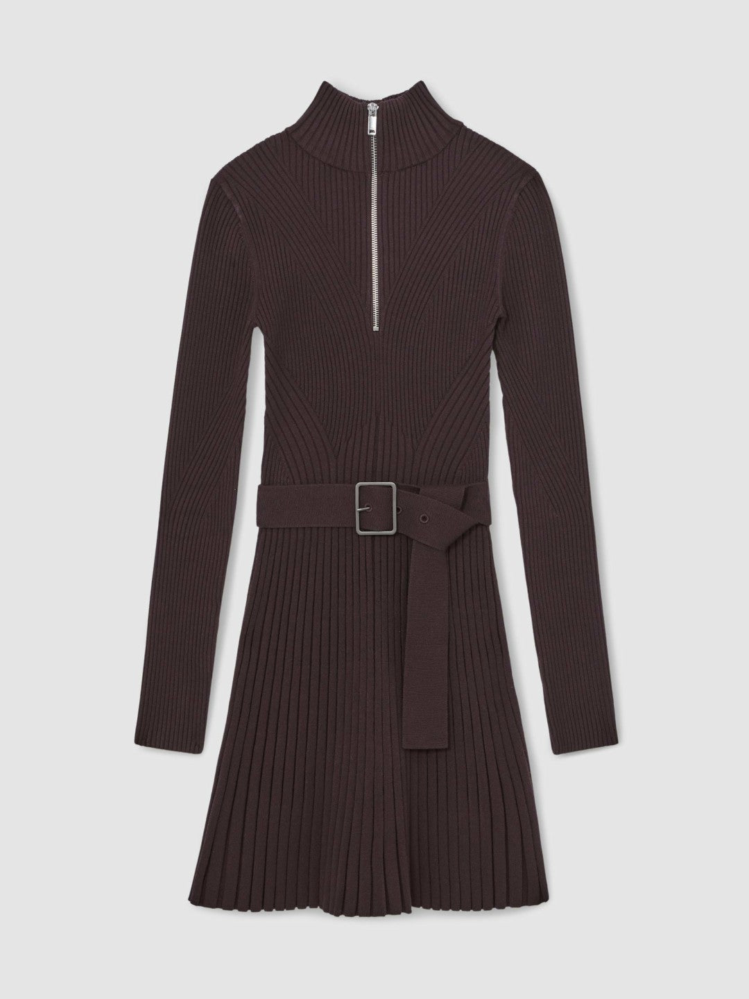 Women Rib-Knit Belted Half-Zip Flippy Dress in Plum Purple
