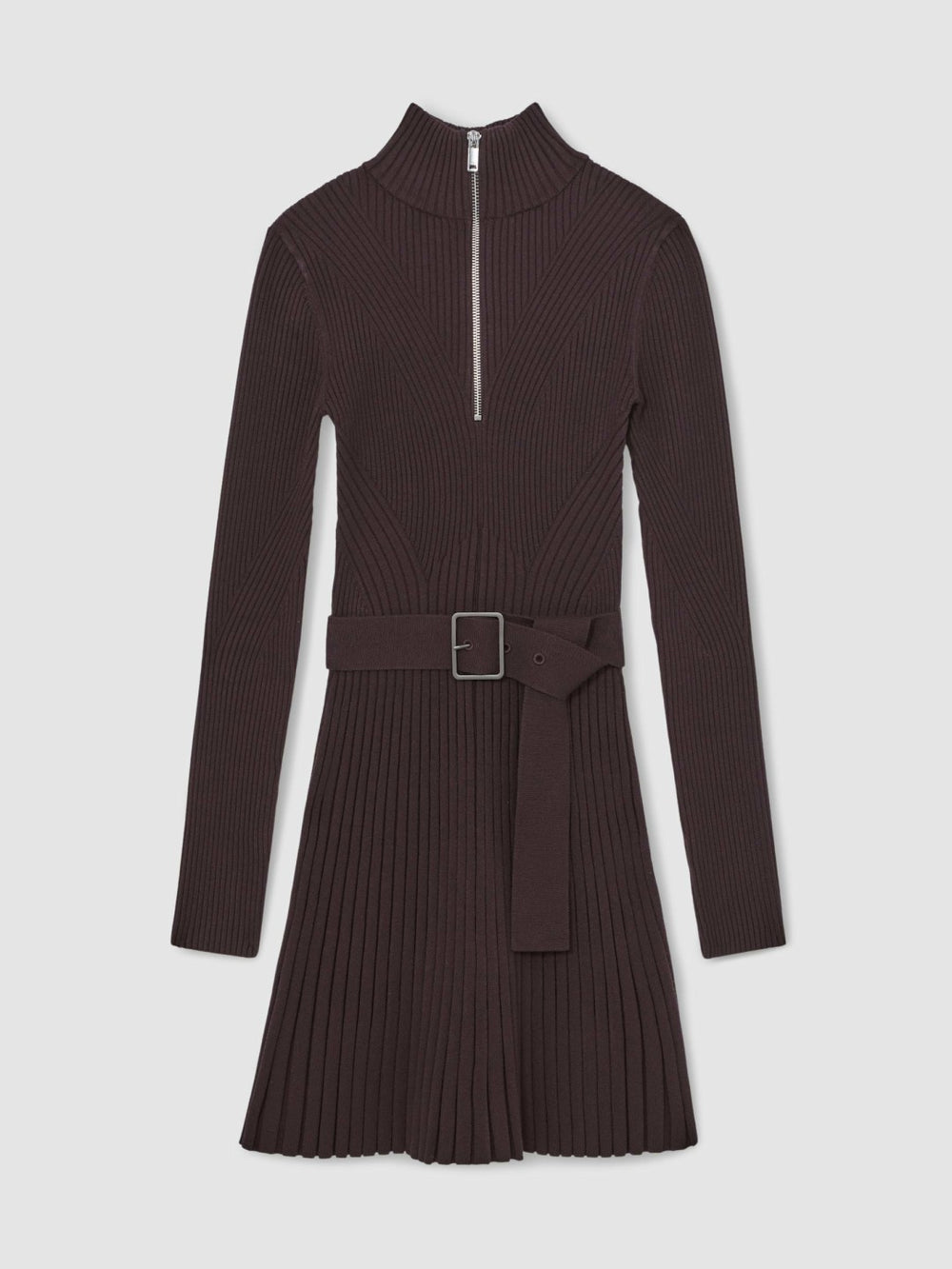 Women Rib-Knit Belted Half-Zip Flippy Dress in Plum Purple