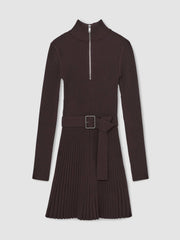 Women Rib-Knit Belted Half-Zip Flippy Dress in Plum Purple