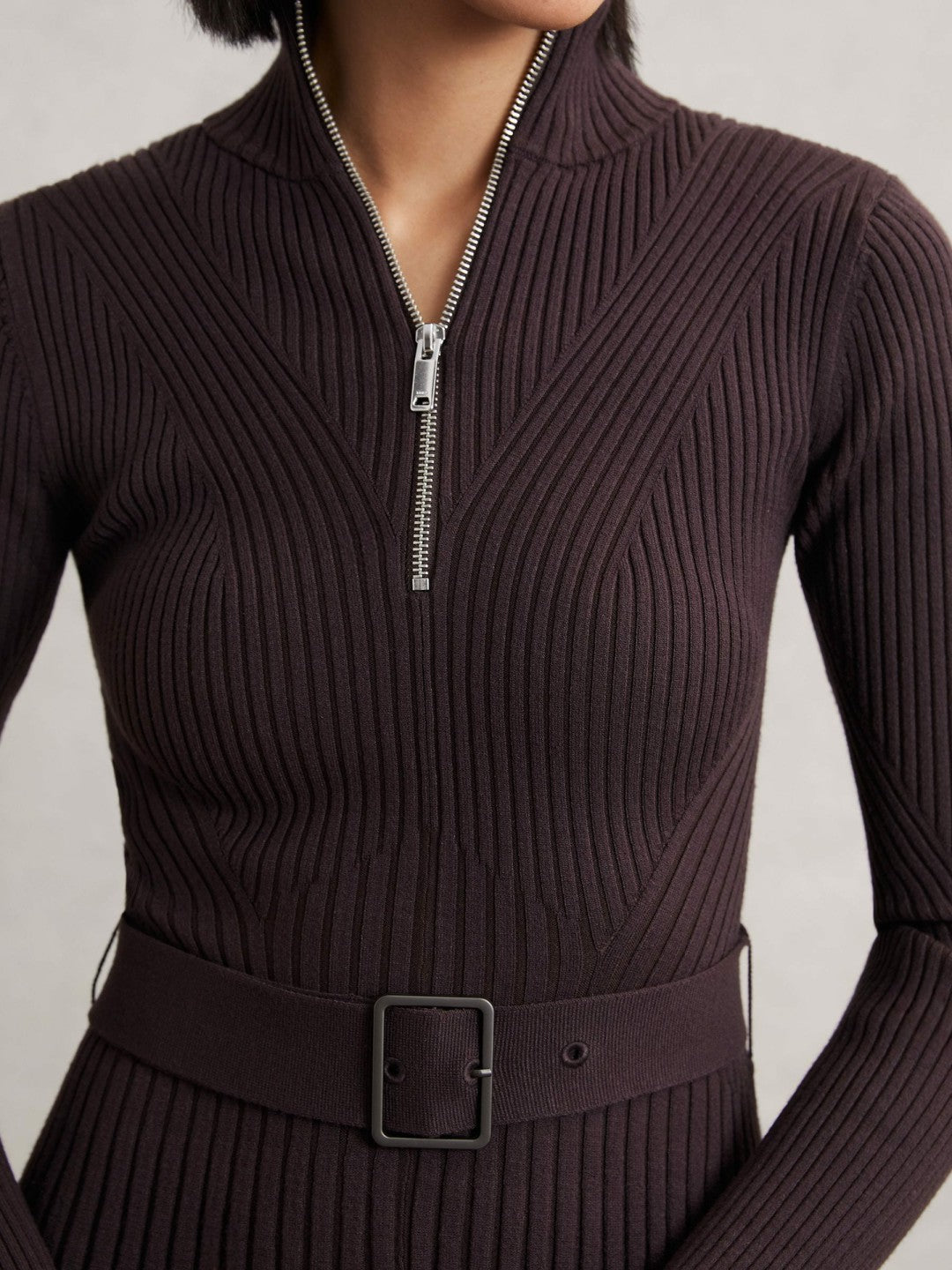 Women Rib-Knit Belted Half-Zip Flippy Dress in Plum Purple