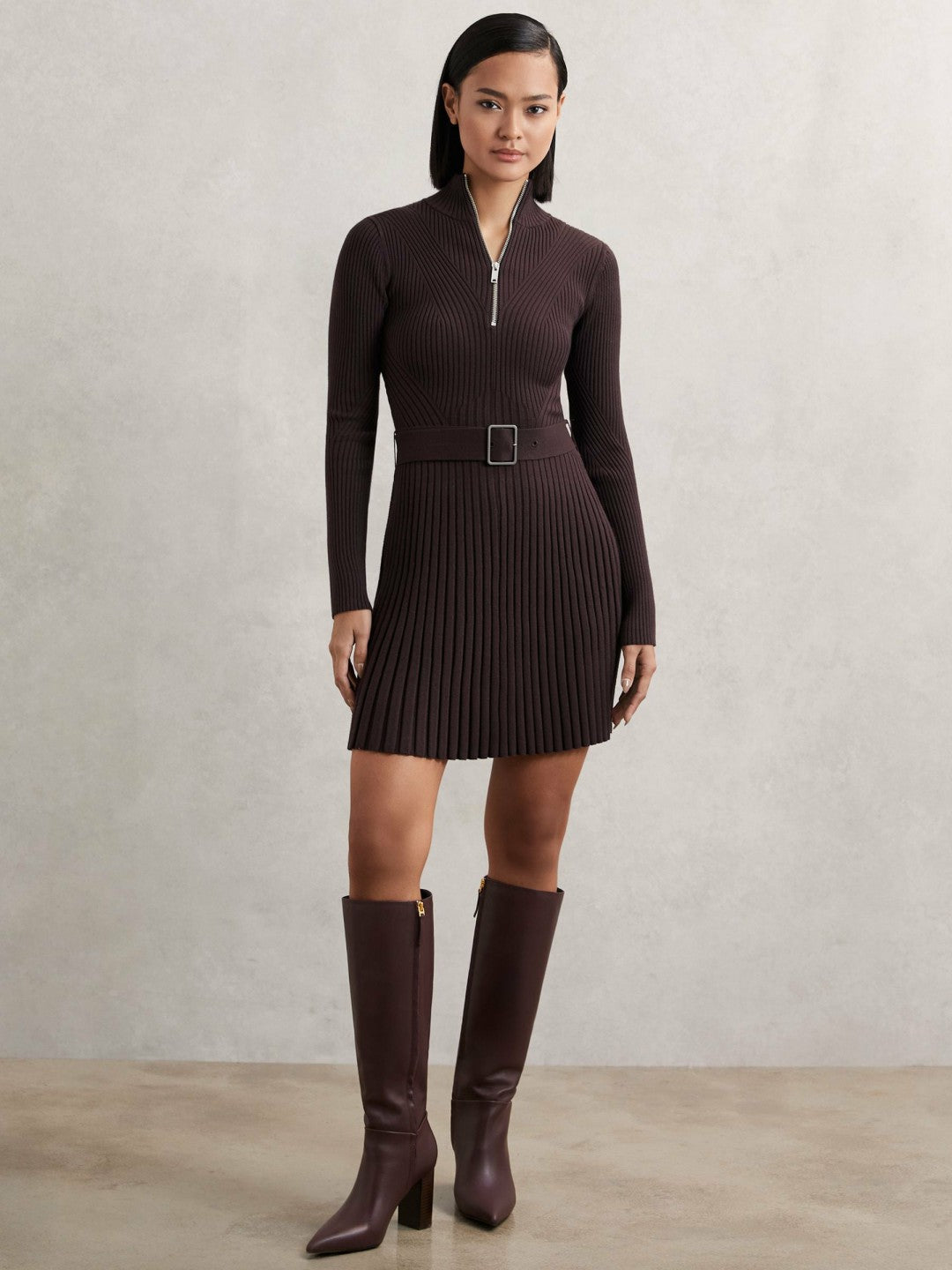 Women Rib-Knit Belted Half-Zip Flippy Dress in Plum Purple