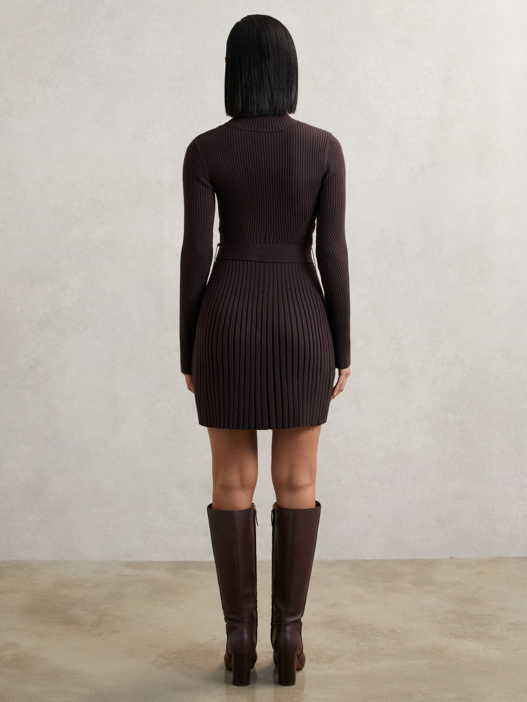 Women Rib-Knit Belted Half-Zip Flippy Dress in Plum Purple