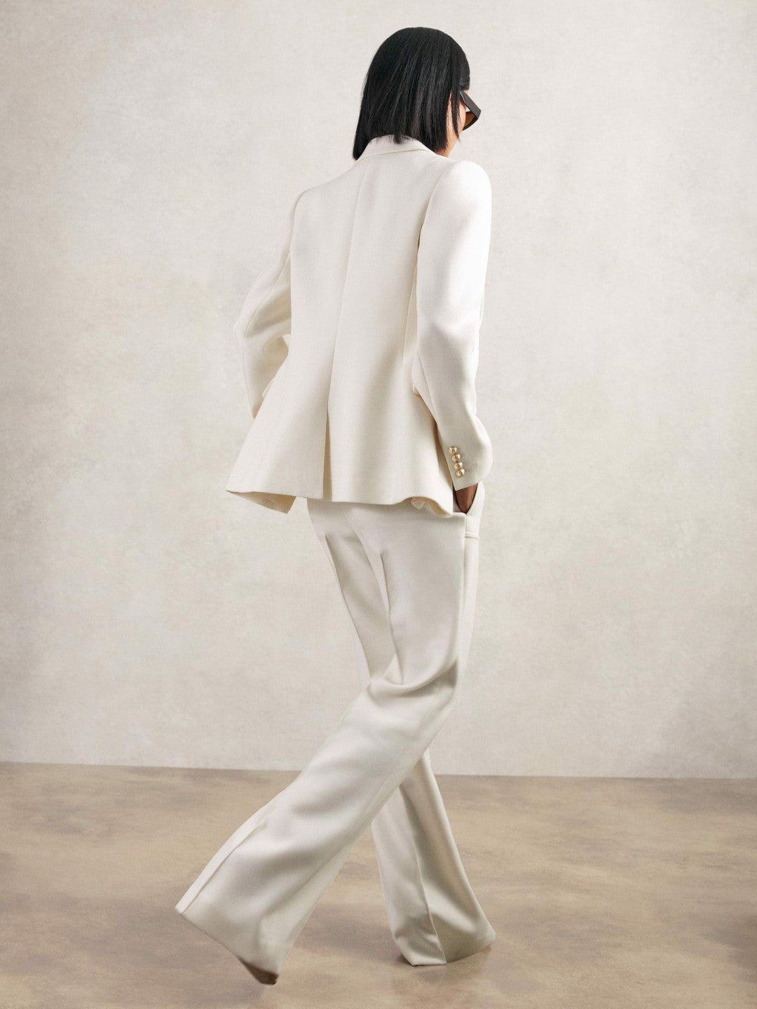 Women Double-Breasted Twill Suit Blazer With Wool in White