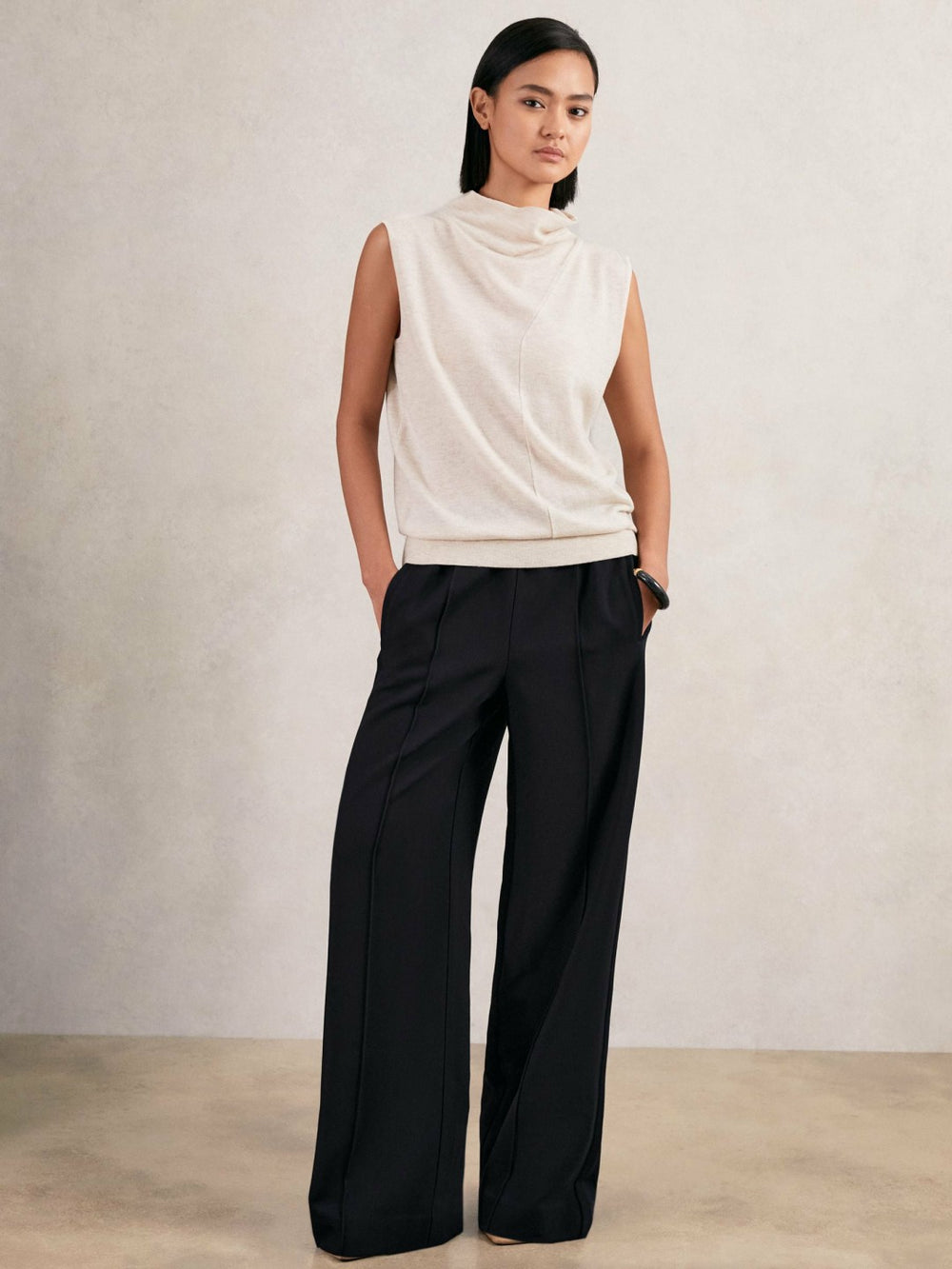 Women Petite Wide Leg Elasticated Waist Trousers in Navy