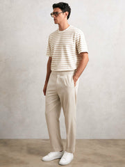 Men Cotton Textured Stripe T-Shirt in Oatmeal/White