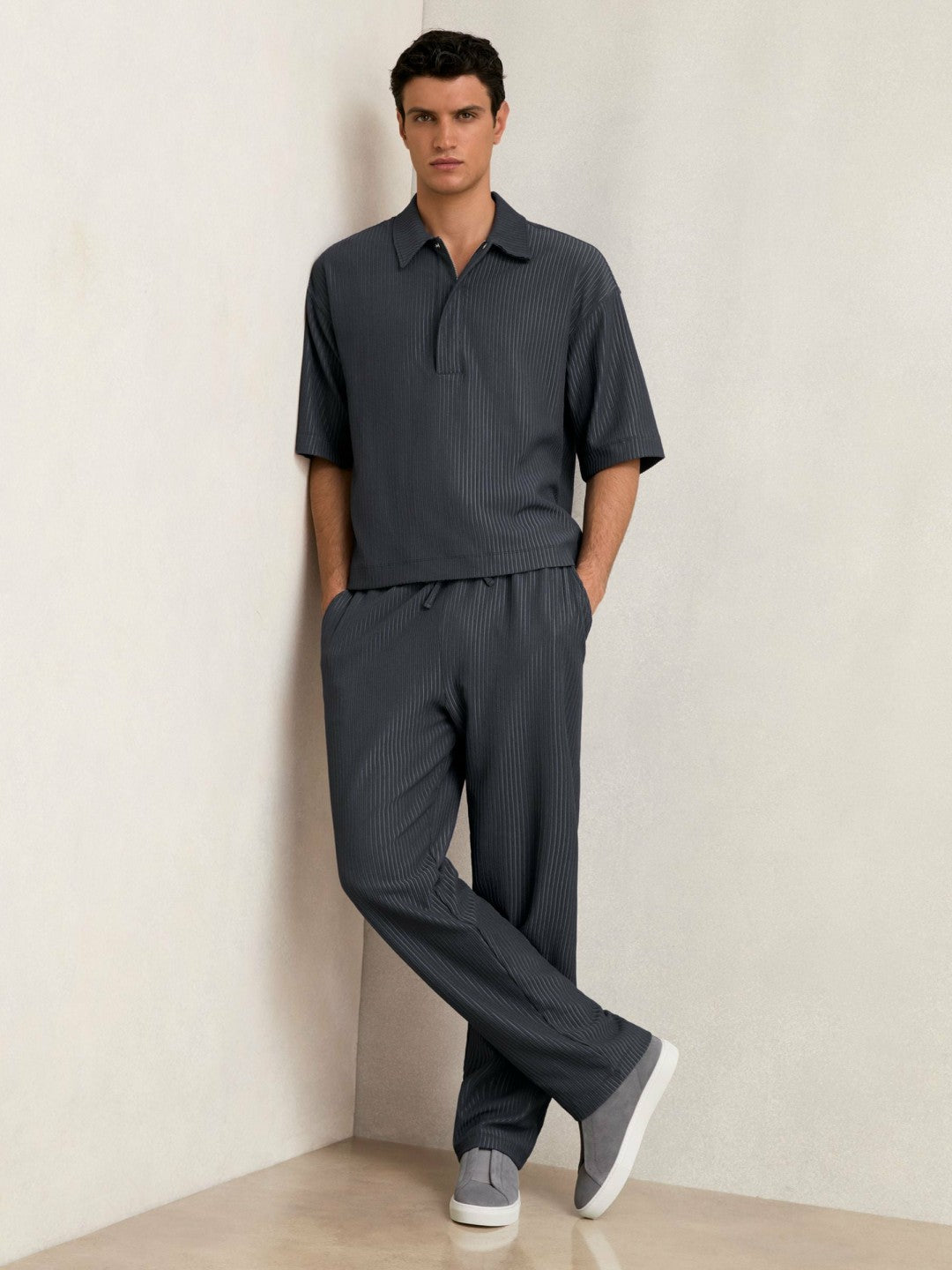 Men Textured Stripe Drawstring Trousers in Petrol Blue