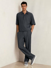 Men Textured Stripe Drawstring Trousers in Petrol Blue