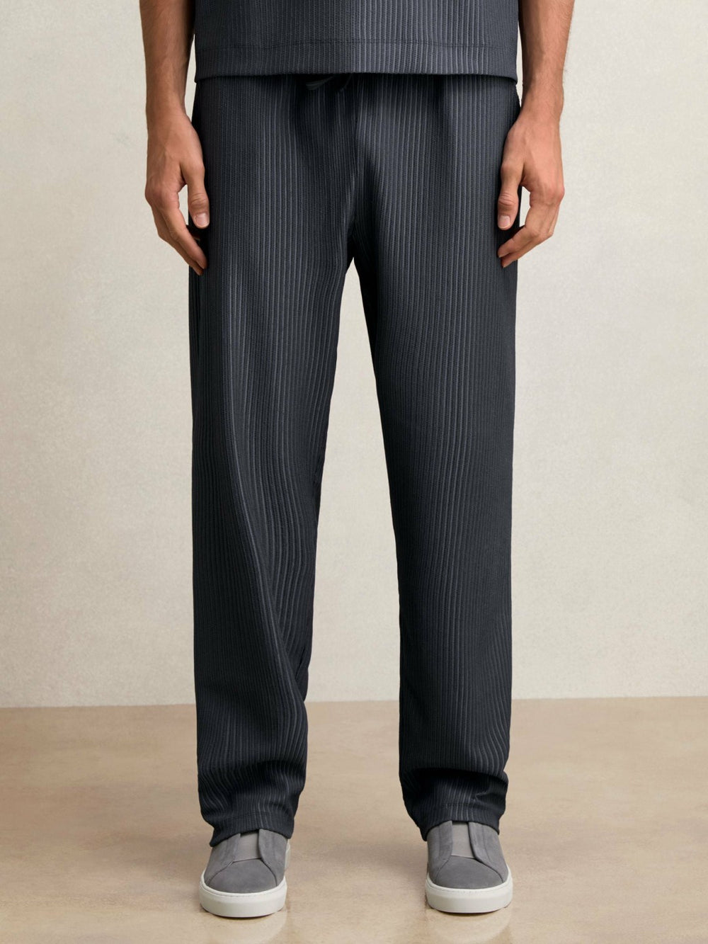 Men Textured Stripe Drawstring Trousers in Petrol Blue
