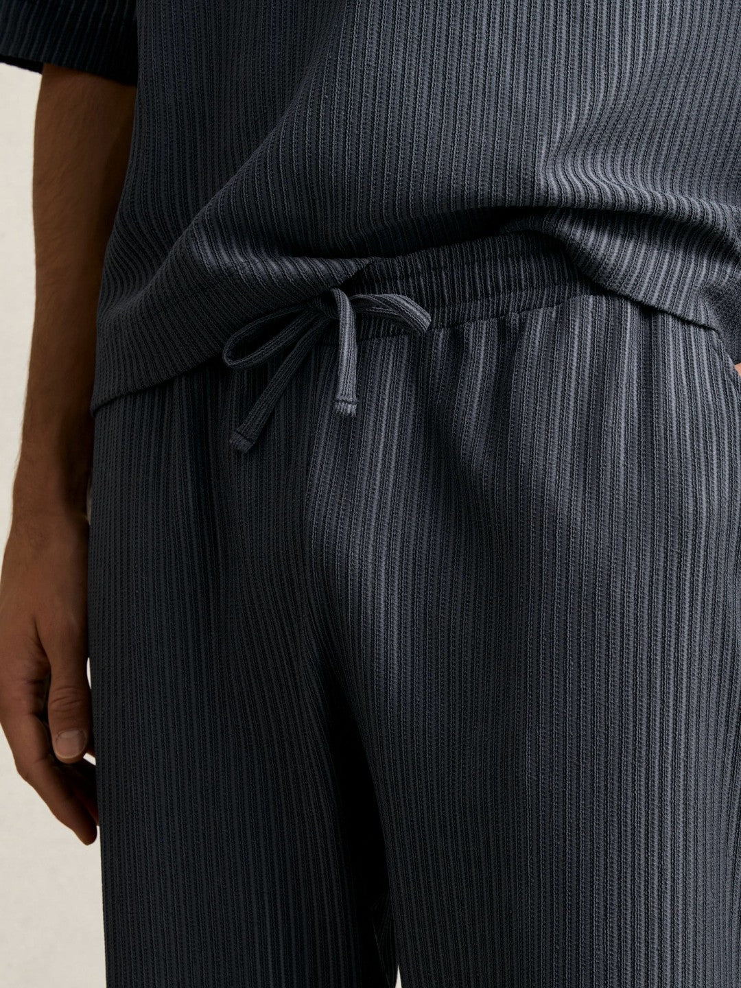 Men Textured Stripe Drawstring Trousers in Petrol Blue