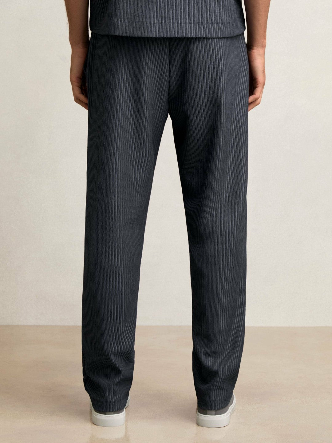 Men Textured Stripe Drawstring Trousers in Petrol Blue