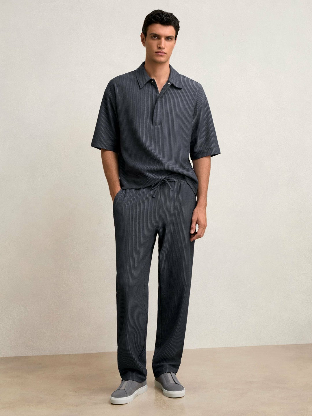 Men Textured Stripe Drawstring Trousers in Petrol Blue