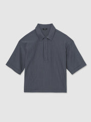 Men Oversized Textured Stripe Polo Shirt in Petrol Blue