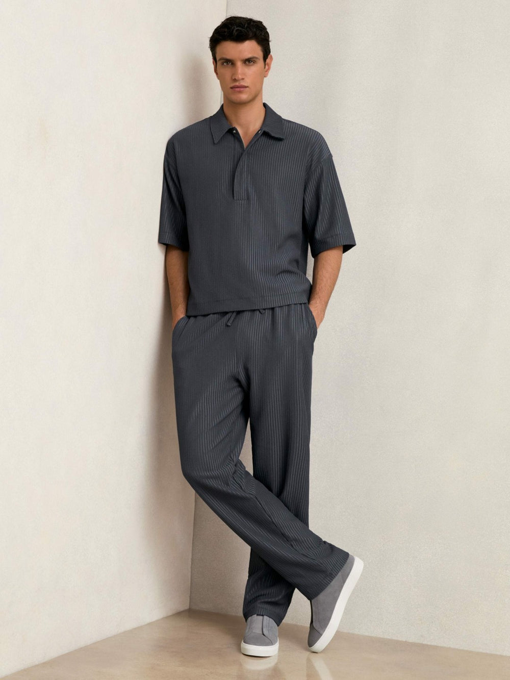 Men Oversized Textured Stripe Polo Shirt in Petrol Blue