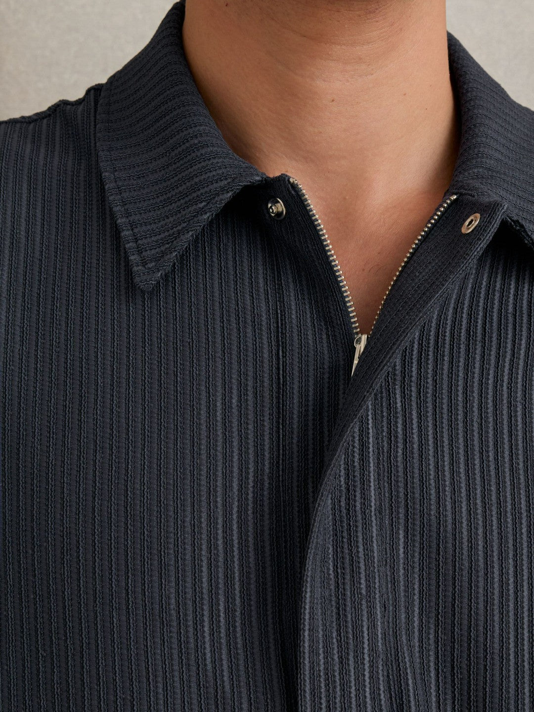 Men Oversized Textured Stripe Polo Shirt in Petrol Blue