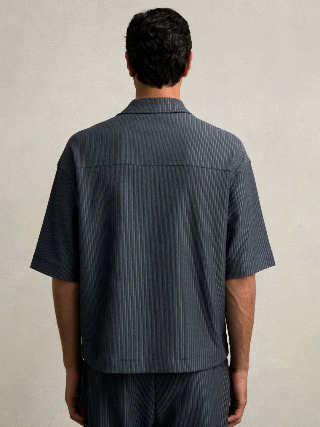 Men Oversized Textured Stripe Polo Shirt in Petrol Blue