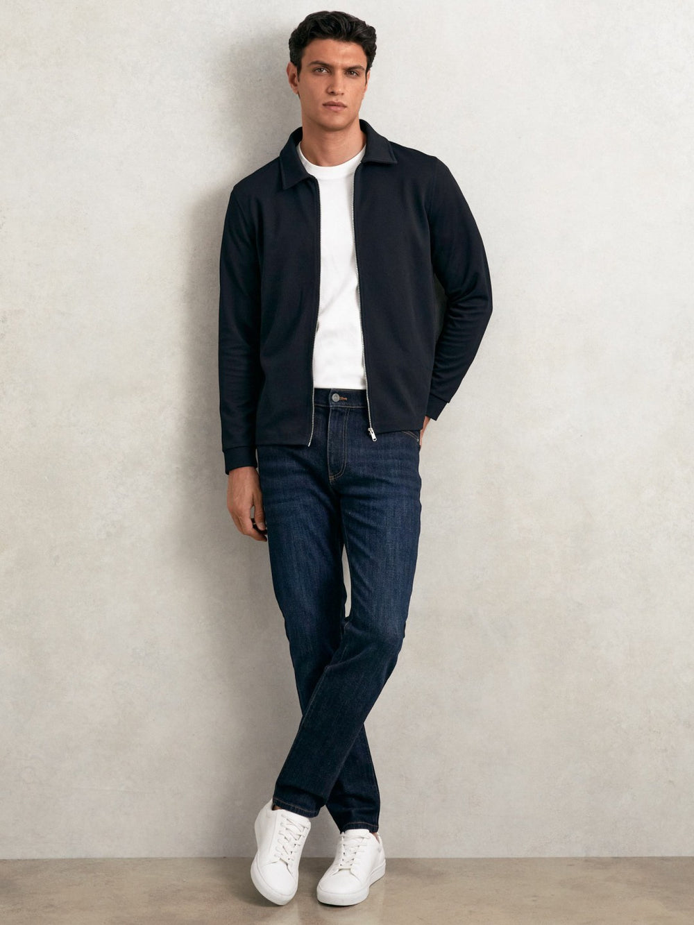 Men Textured Zip Through Overshirt in Navy
