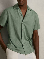 Men Jacquard-Stripe Cuban-Collar Shirt in Mint Green