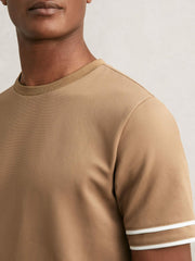 Men Textured Crew-Neck Tipped T-Shirt in Camel Brown