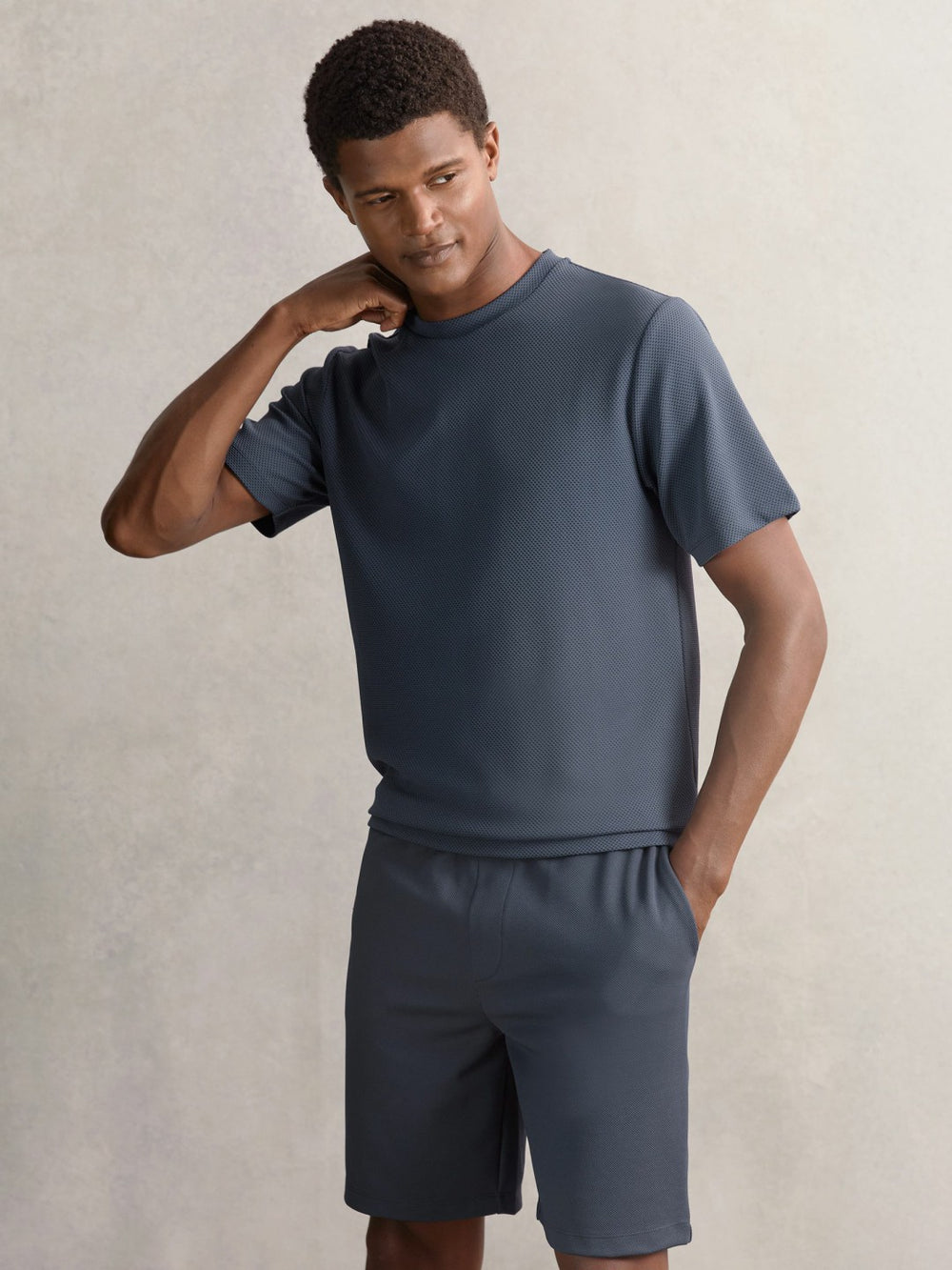 Men Textured Crew-Neck T-Shirt in Airforce Blue