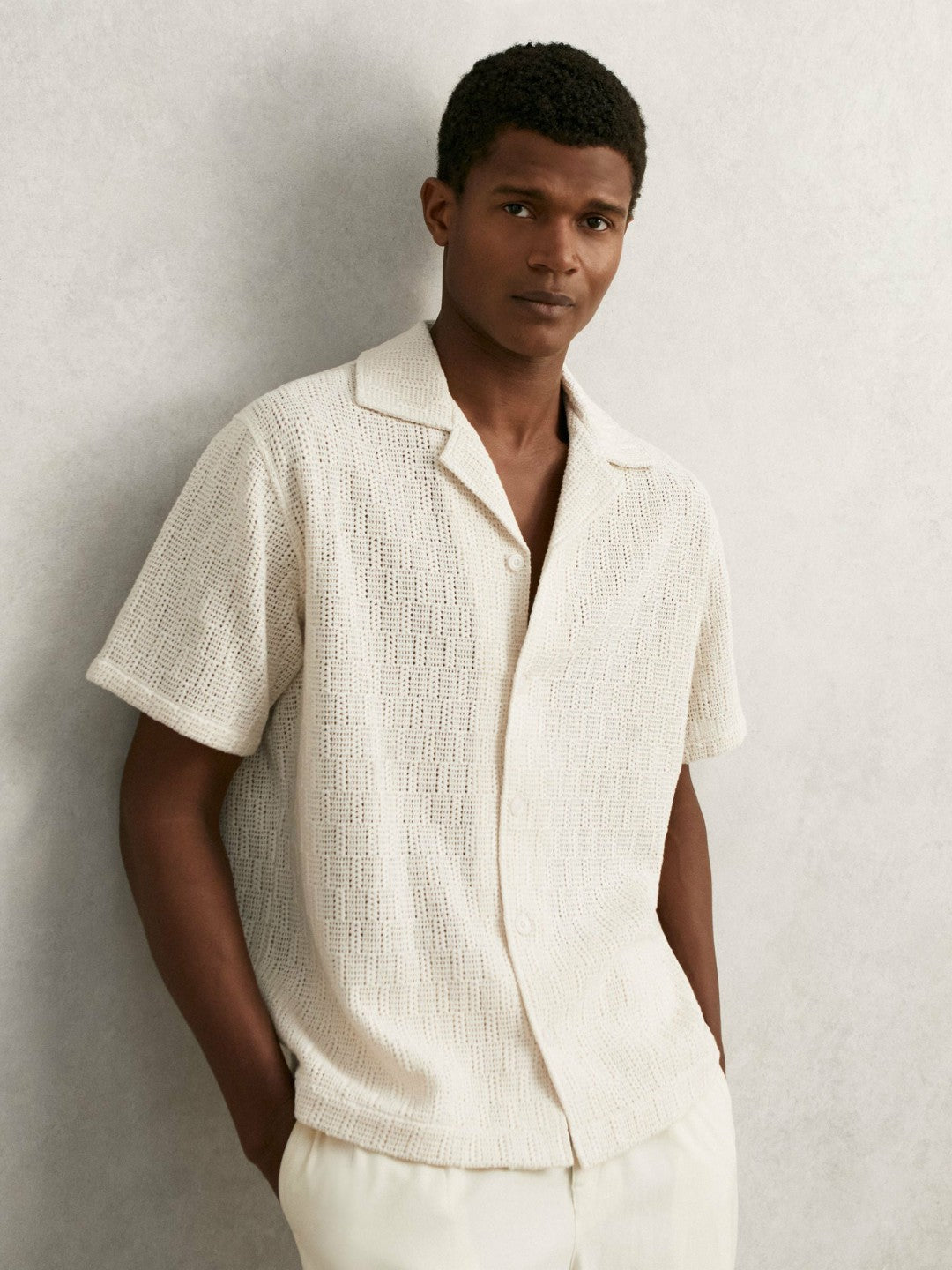 Men Cotton-Blend Crochet Shirt in Off White