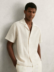 Men Cotton-Blend Crochet Shirt in Off White