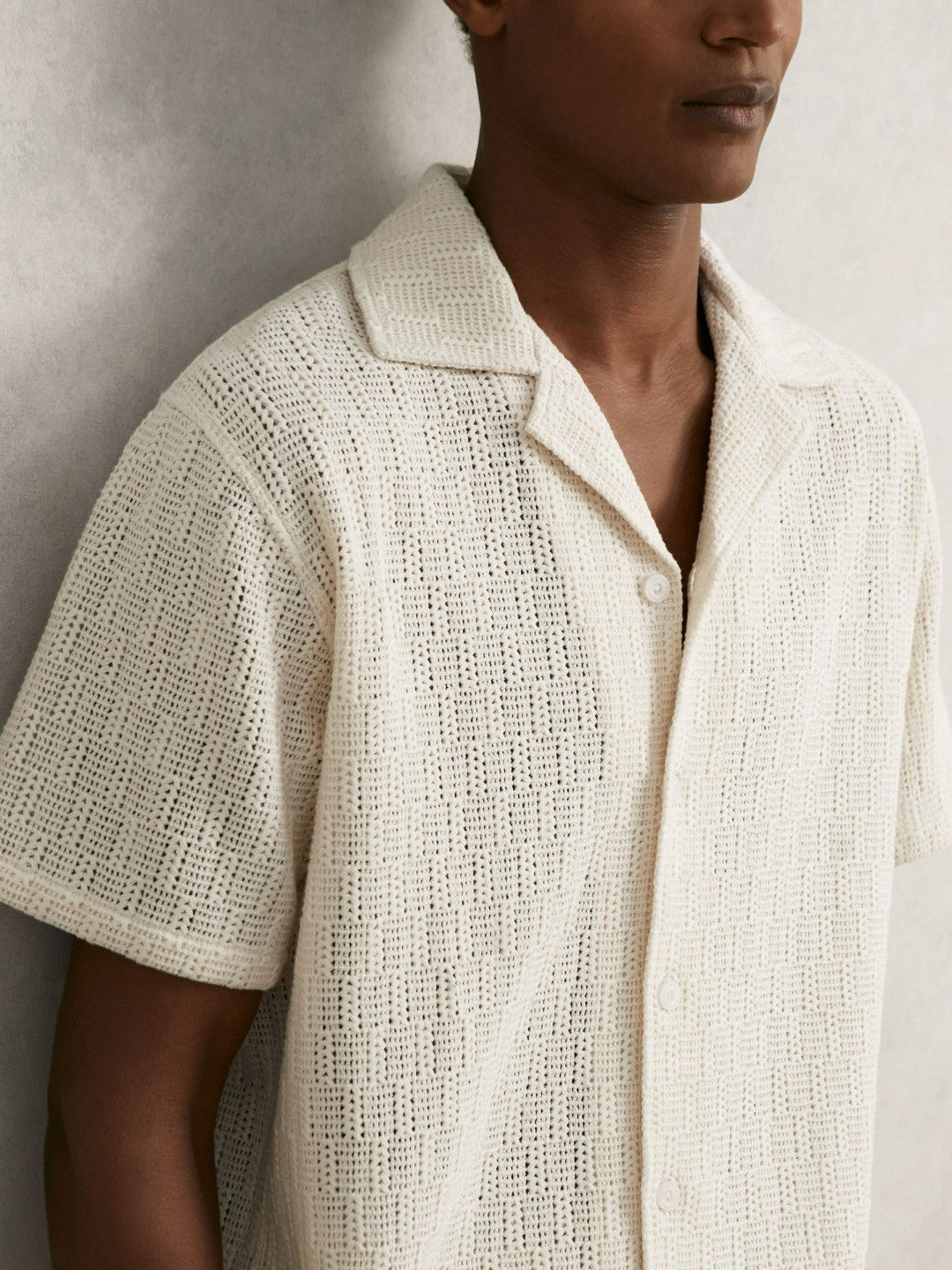 Men Cotton-Blend Crochet Shirt in Off White