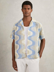 Men Wave Crochet Cuban Collar Shirt in Blue Multi