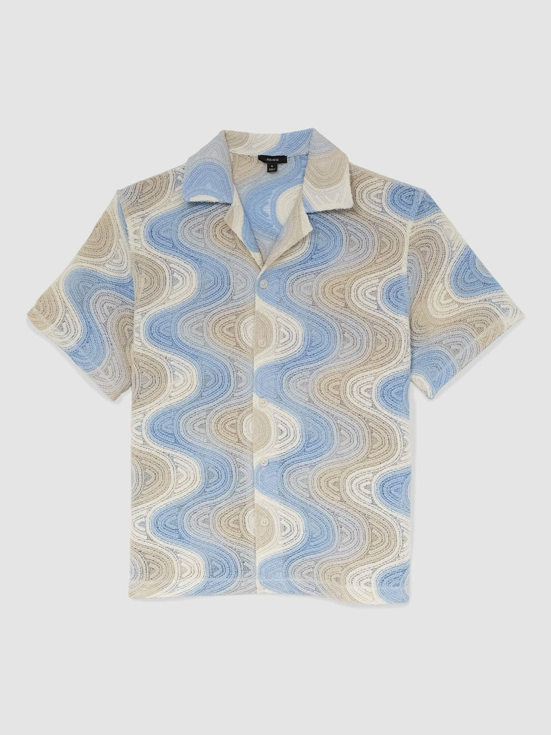 Men Wave Crochet Cuban Collar Shirt in Blue Multi