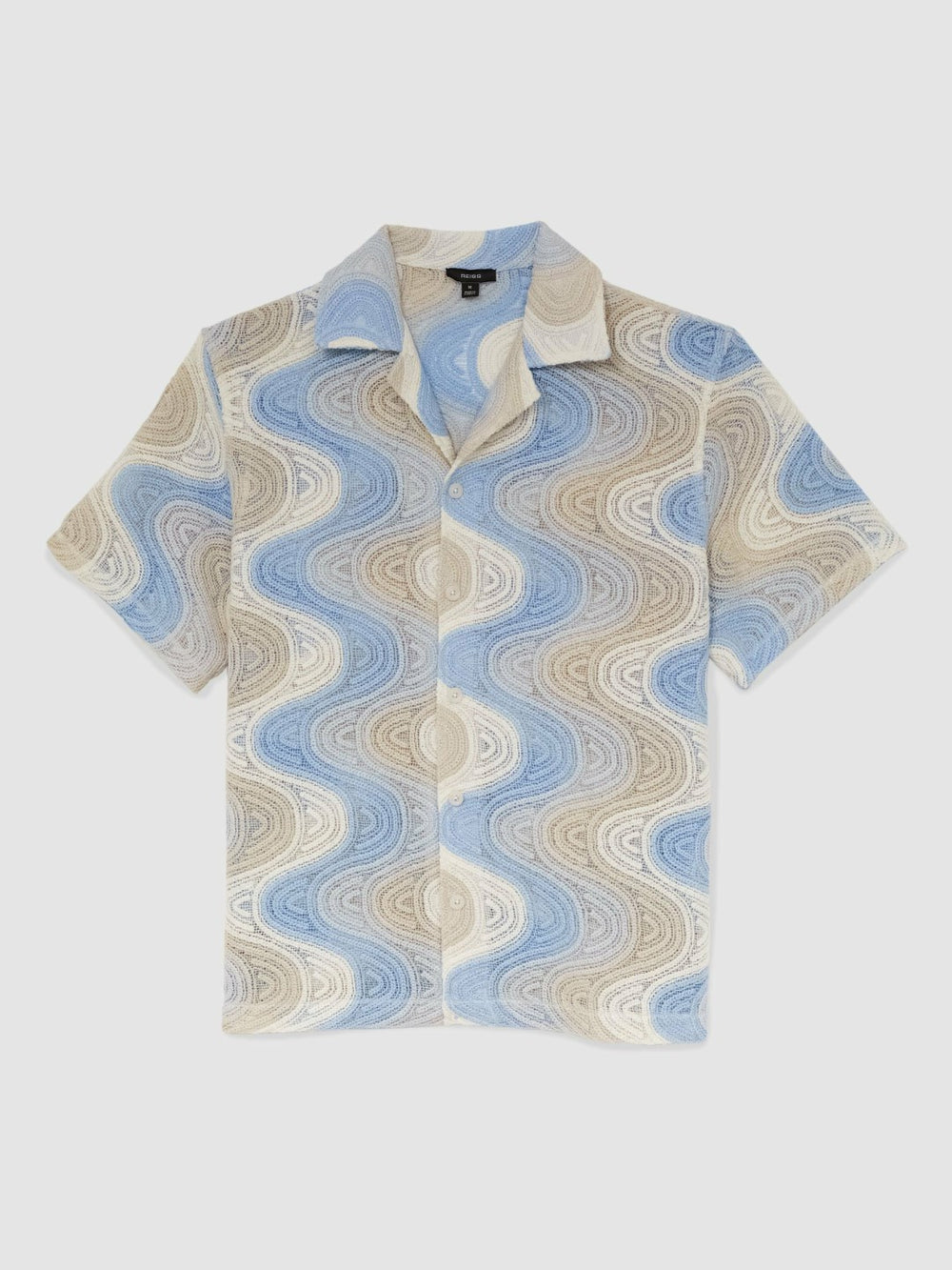 Men Wave Crochet Cuban Collar Shirt in Blue Multi