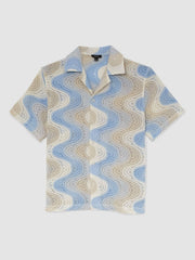 Men Wave Crochet Cuban Collar Shirt in Blue Multi