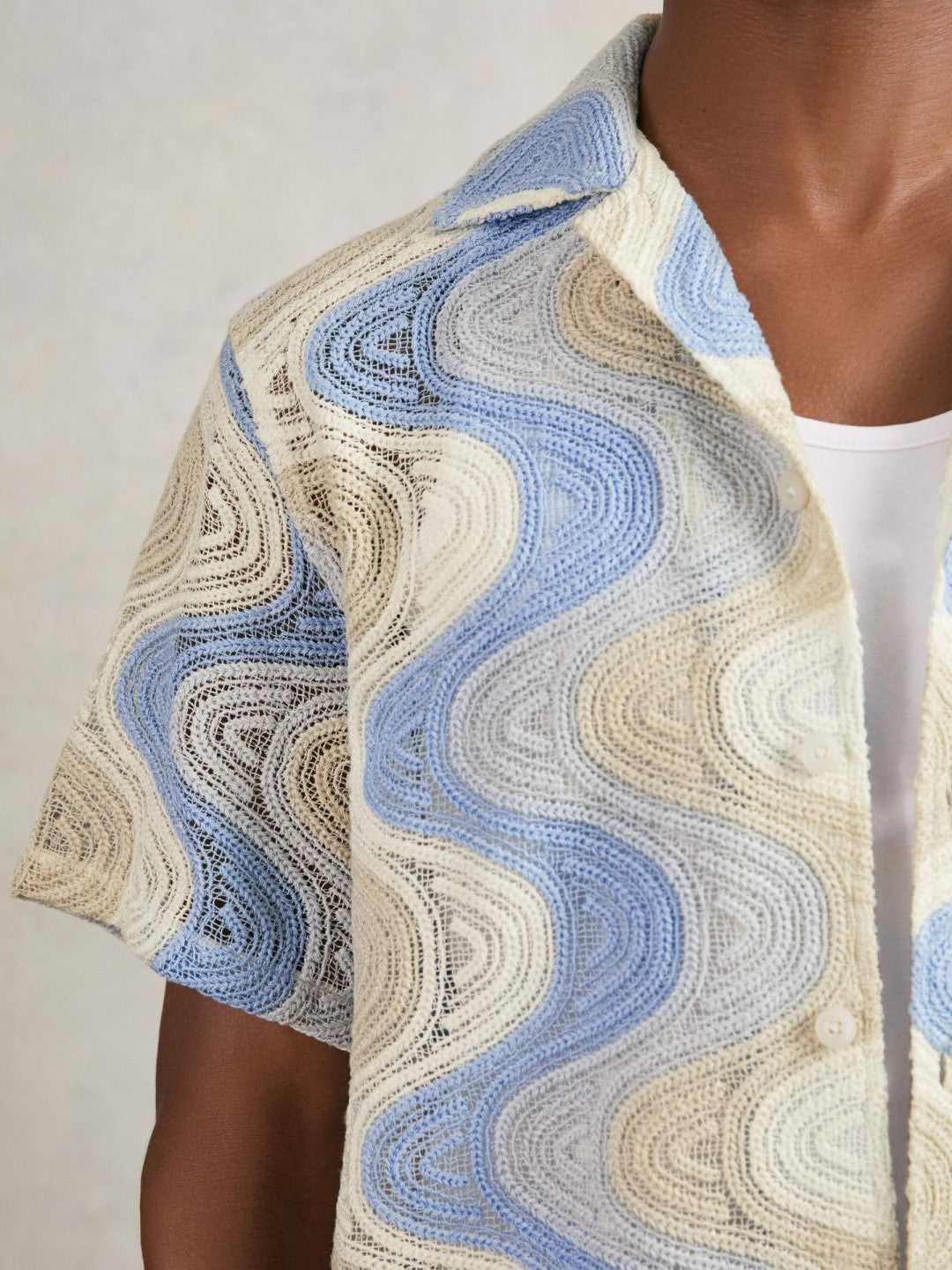 Men Wave Crochet Cuban Collar Shirt in Blue Multi
