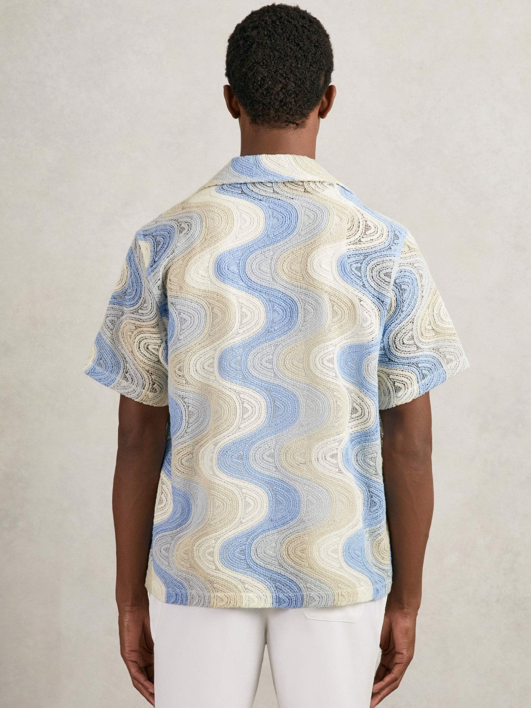 Men Wave Crochet Cuban Collar Shirt in Blue Multi