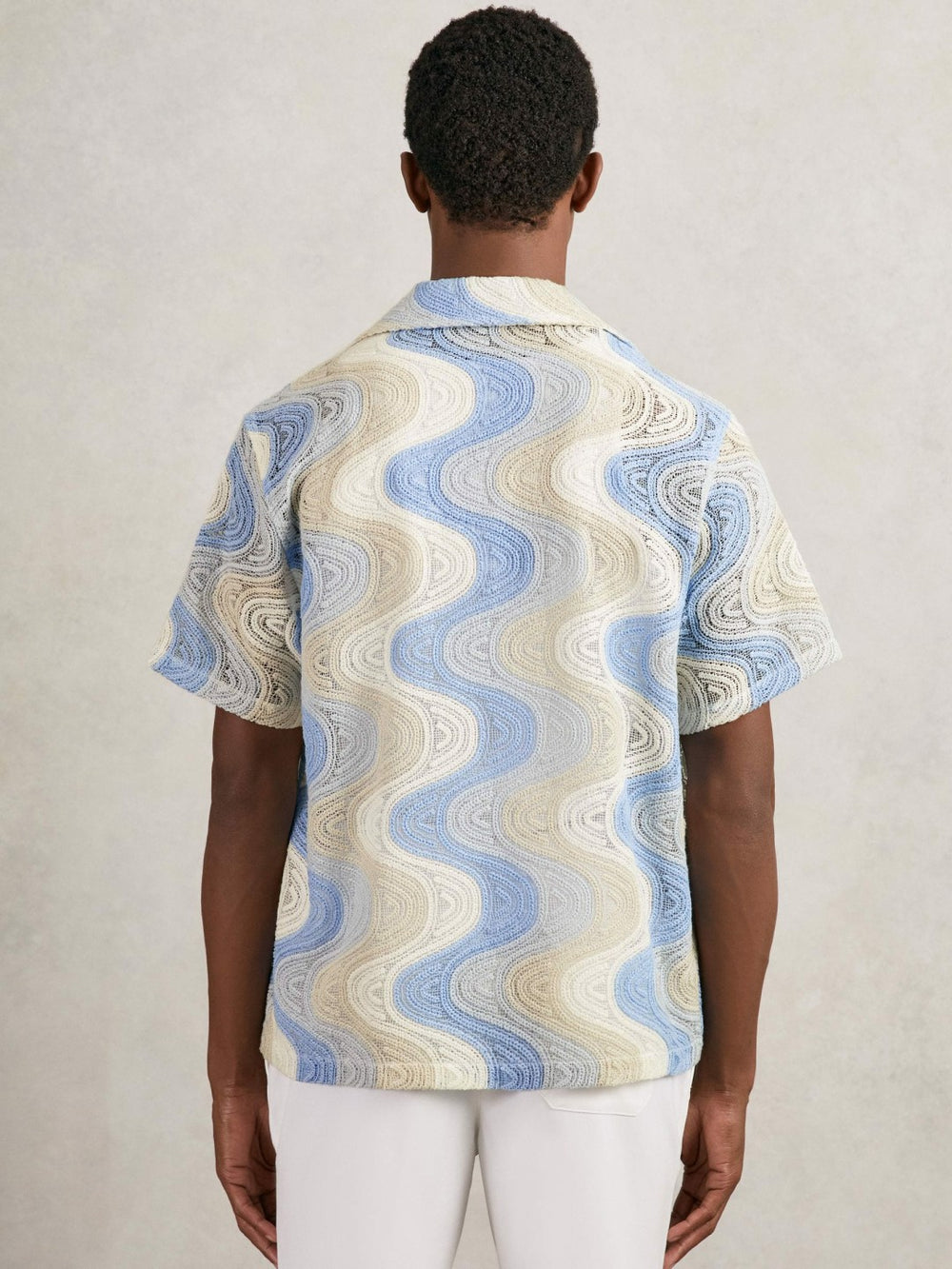 Men Wave Crochet Cuban Collar Shirt in Blue Multi