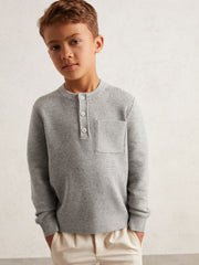 Children & Baby 13-14 yrs Cotton-Blend Rib-Knit Henley Top in Mid Grey Melange
