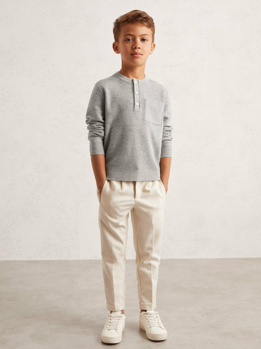 Children & Baby 9-13 yrs Cotton-Blend Rib-Knit Henley Top in Mid Grey Melange