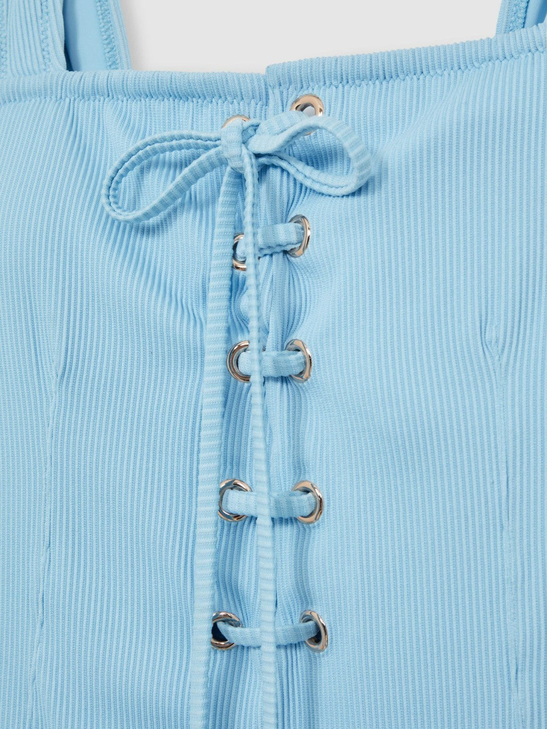 Women Ribbed Lace-Up Swimsuit in Blue