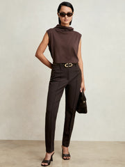Women Petite Pintuck Tapered Trousers in Chocolate Brown