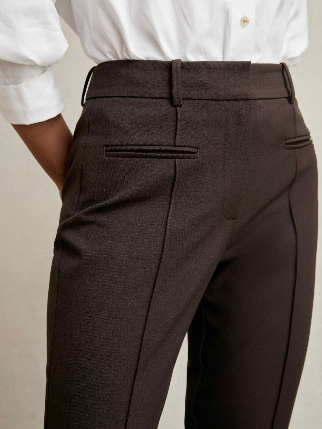 Women Petite Pintuck Tapered Trousers in Chocolate Brown