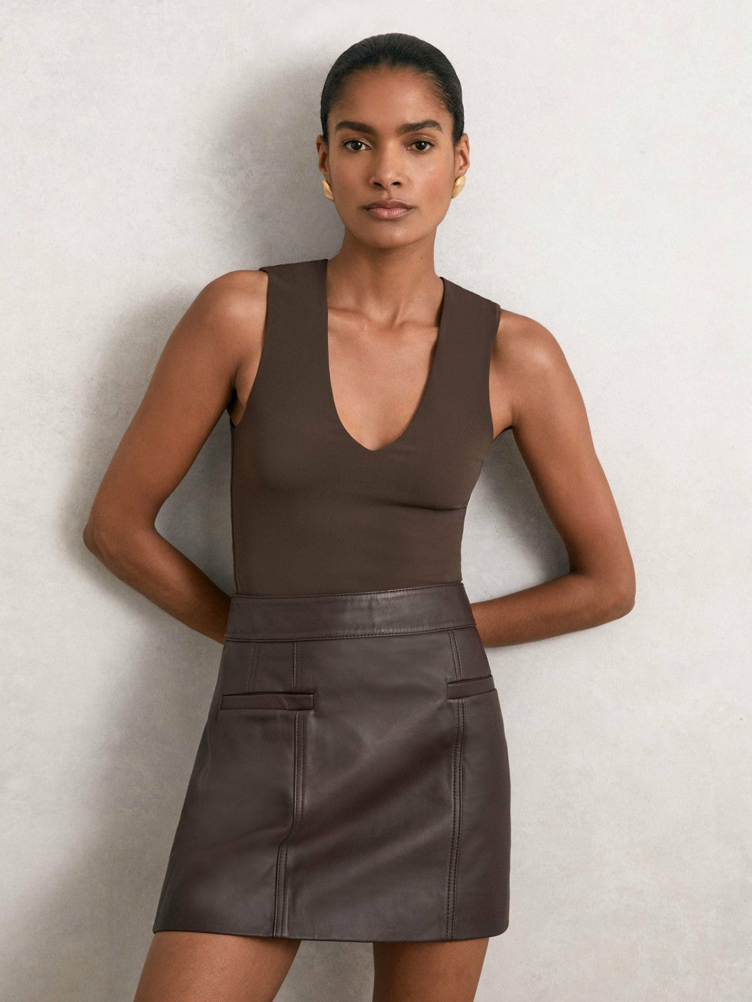 Women V-Neck Sleeveless Bodysuit in Chocolate Brown
