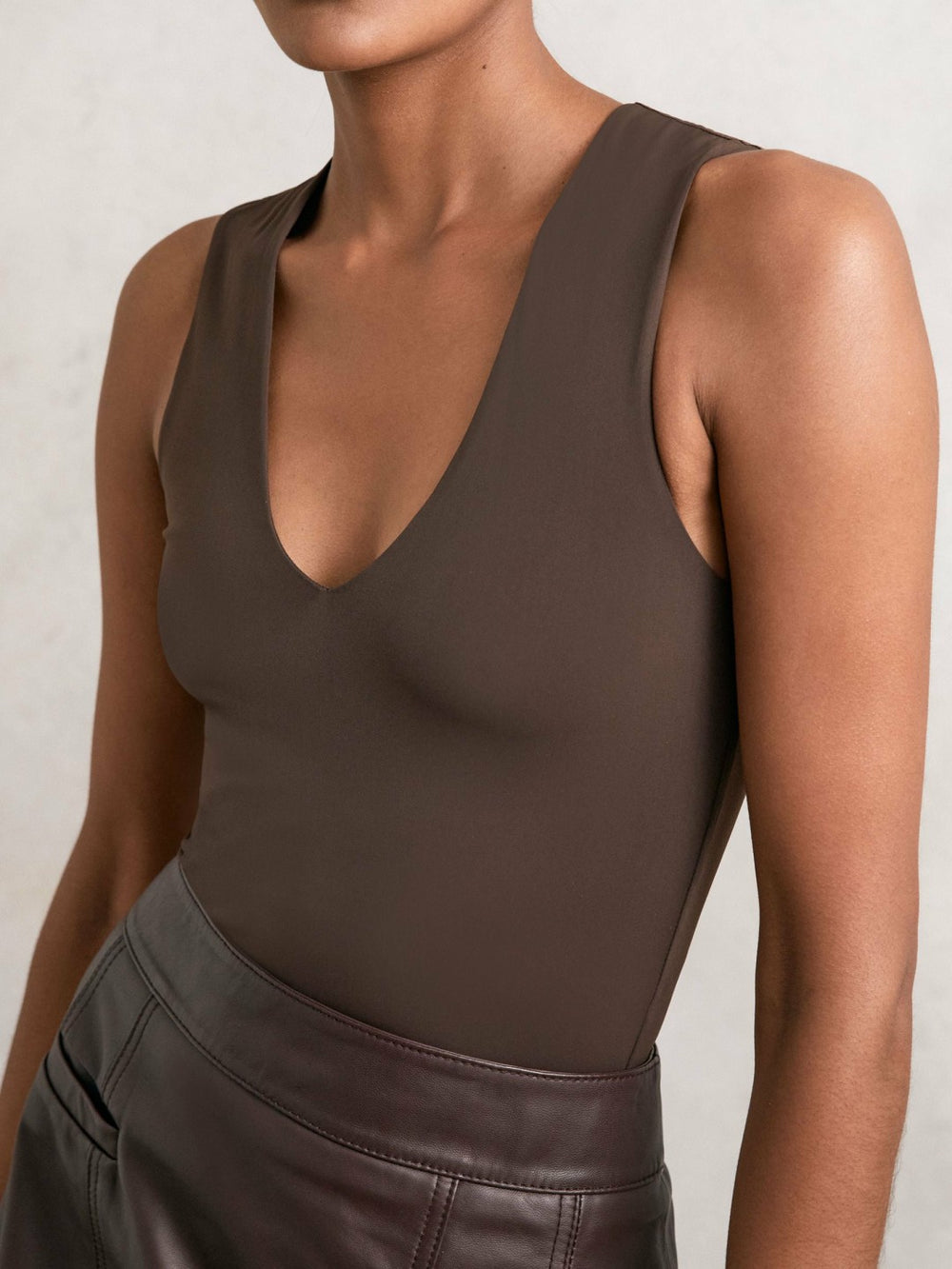 Women V-Neck Sleeveless Bodysuit in Chocolate Brown