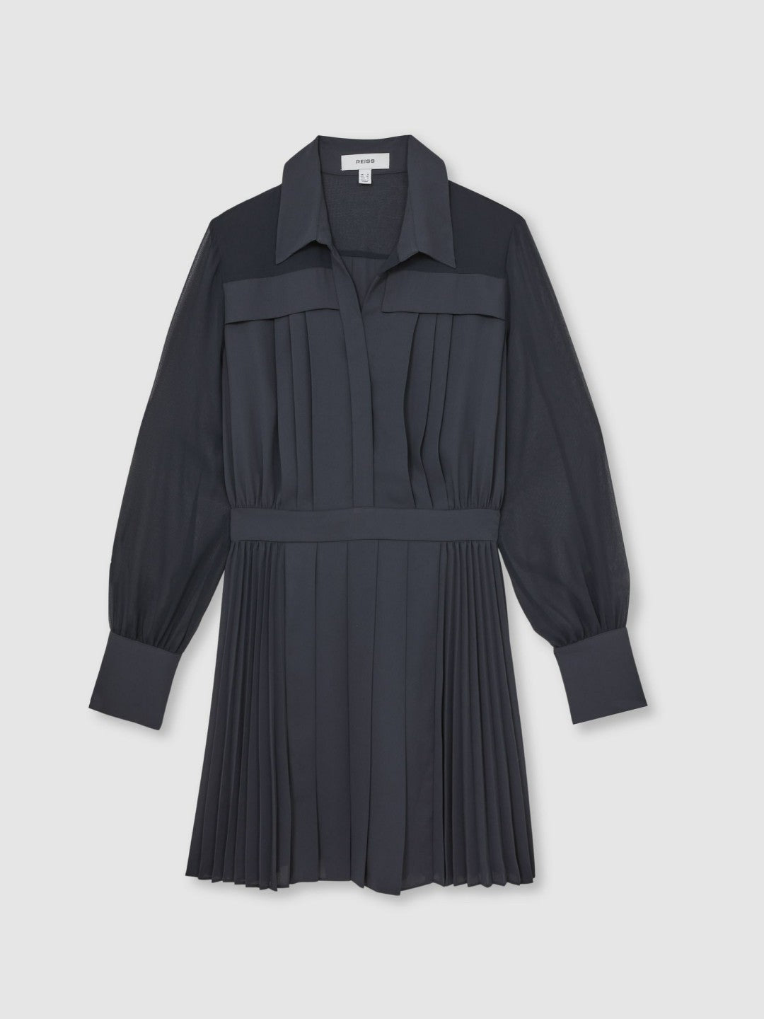 Women Pleated Sheer-Sleeve Mini Dress in Navy
