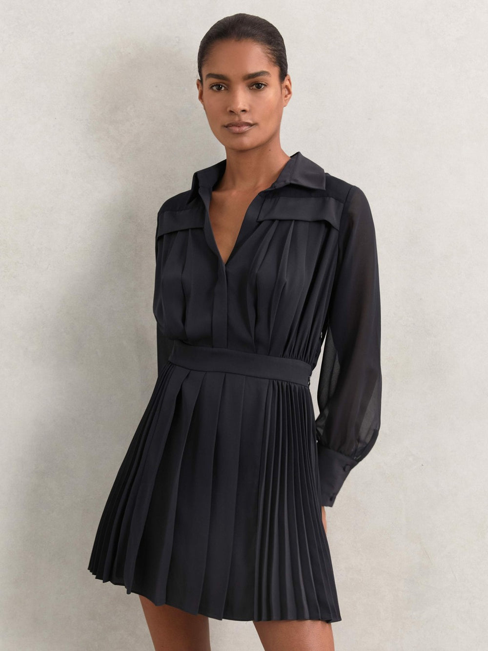 Women Pleated Sheer-Sleeve Mini Dress in Navy