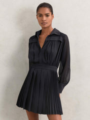Women Pleated Sheer-Sleeve Mini Dress in Navy