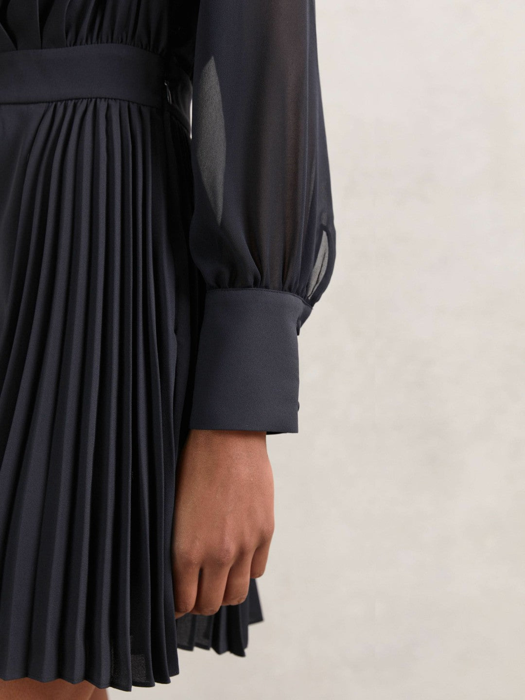 Women Pleated Sheer-Sleeve Mini Dress in Navy