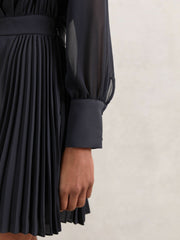 Women Pleated Sheer-Sleeve Mini Dress in Navy