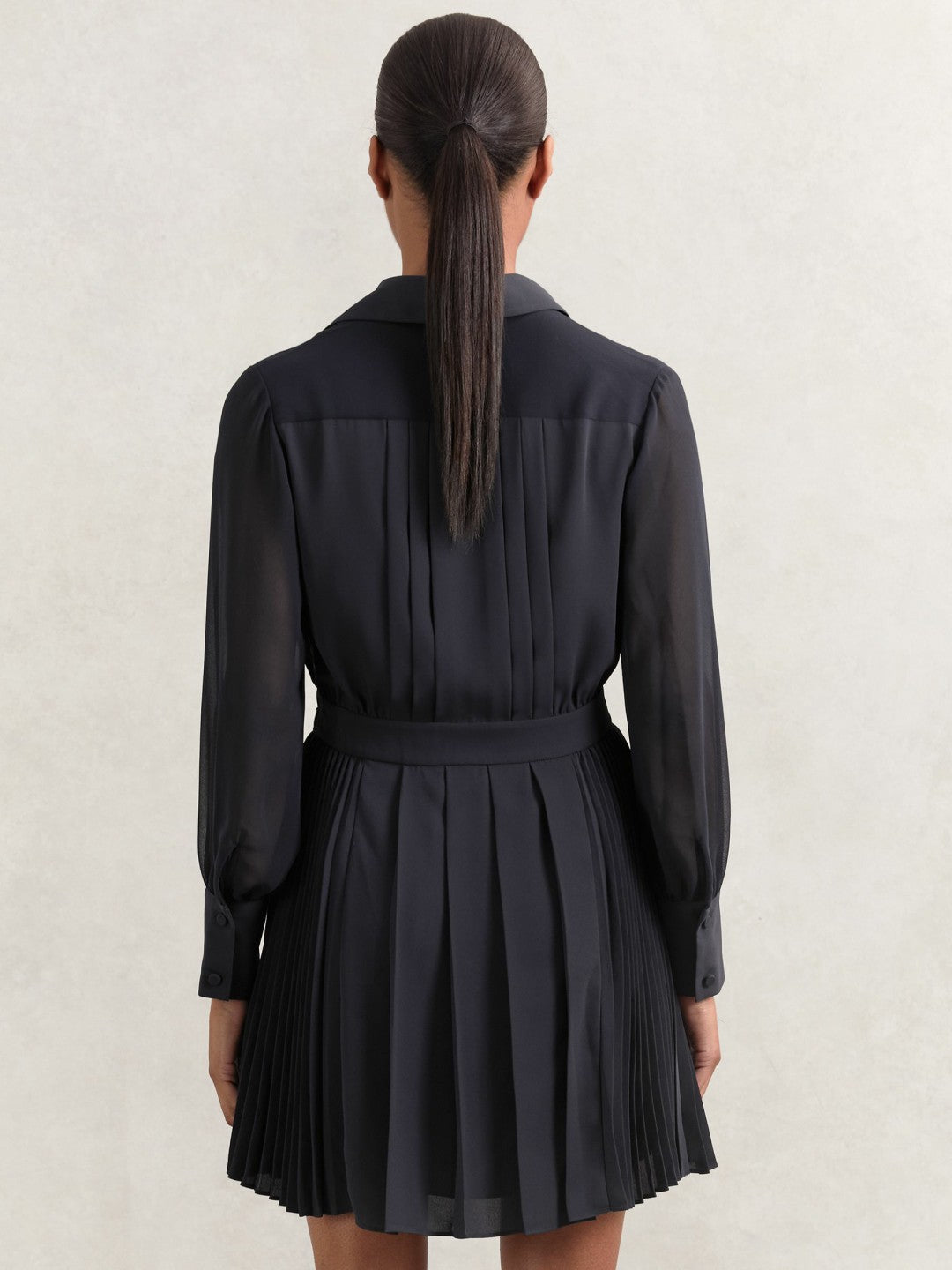 Women Pleated Sheer-Sleeve Mini Dress in Navy
